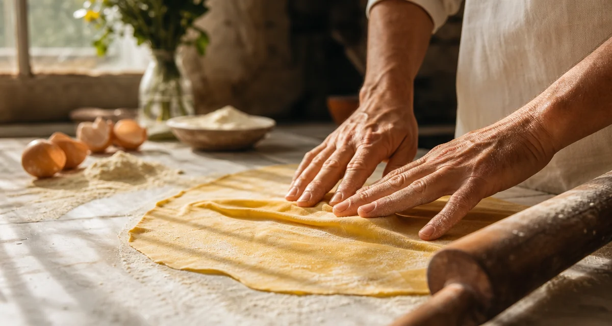 Hands rolling fresh pasta dough on floured marble in a sun-lit Italian farmhouse kitchen — in-person cooking class Italy