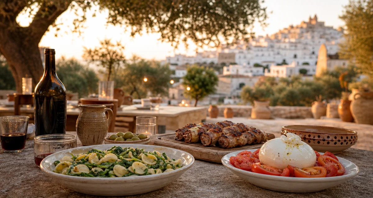Masseria courtyard table in Ostuni at sunset with orecchiette, bombette and burrata