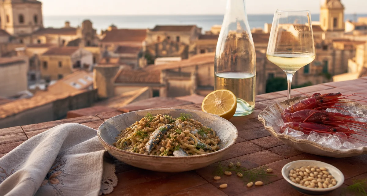 Sicilian terrace table at golden hour with pasta con le sarde, red prawns, Grillo wine and Palermo rooftops in background