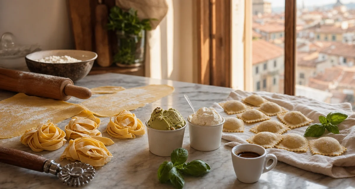 Fresh handmade pasta and artisan gelato on a marble counter in a sunlit Florence kitchen, pasta and gelato class