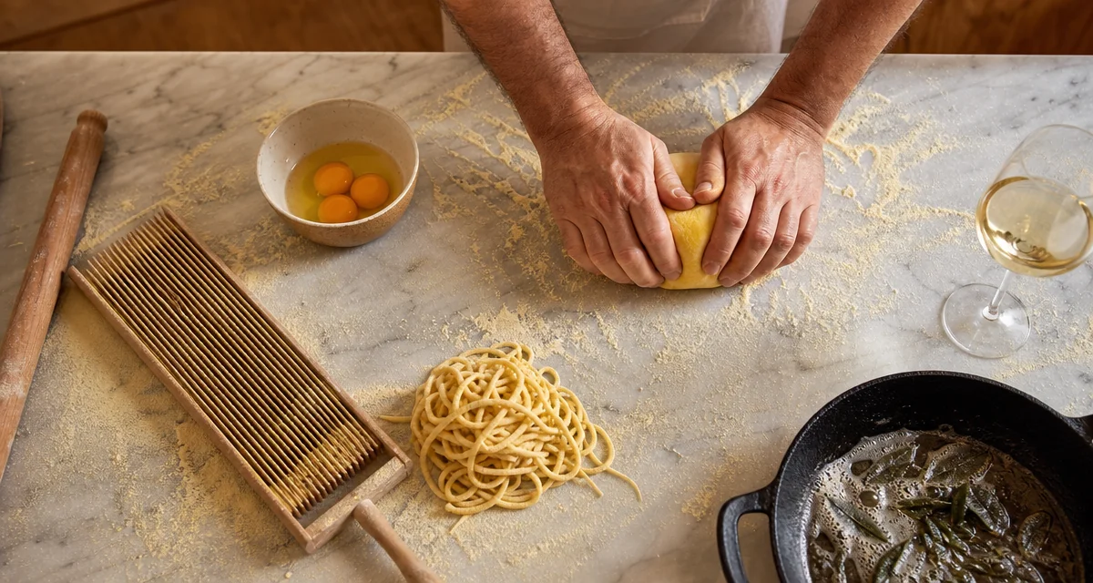 Hands shaping fresh tonnarelli on a floured marble counter during a pasta making class in Rome