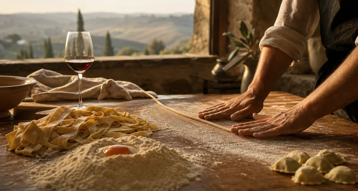 Hands rolling fresh pici dough on a flour-dusted board at a Tuscan farmhouse kitchen, golden hour