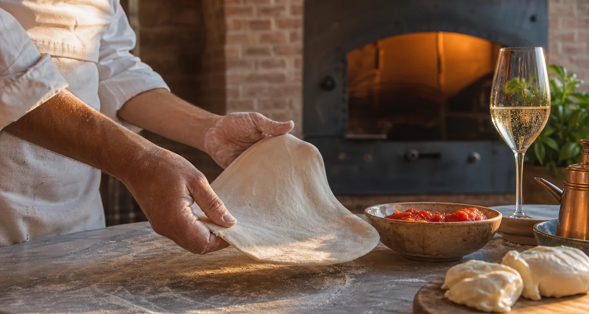 Hands stretching thin Roman pizza dough on marble worktop in a Trastevere kitchen, wood-fired oven glowing in background