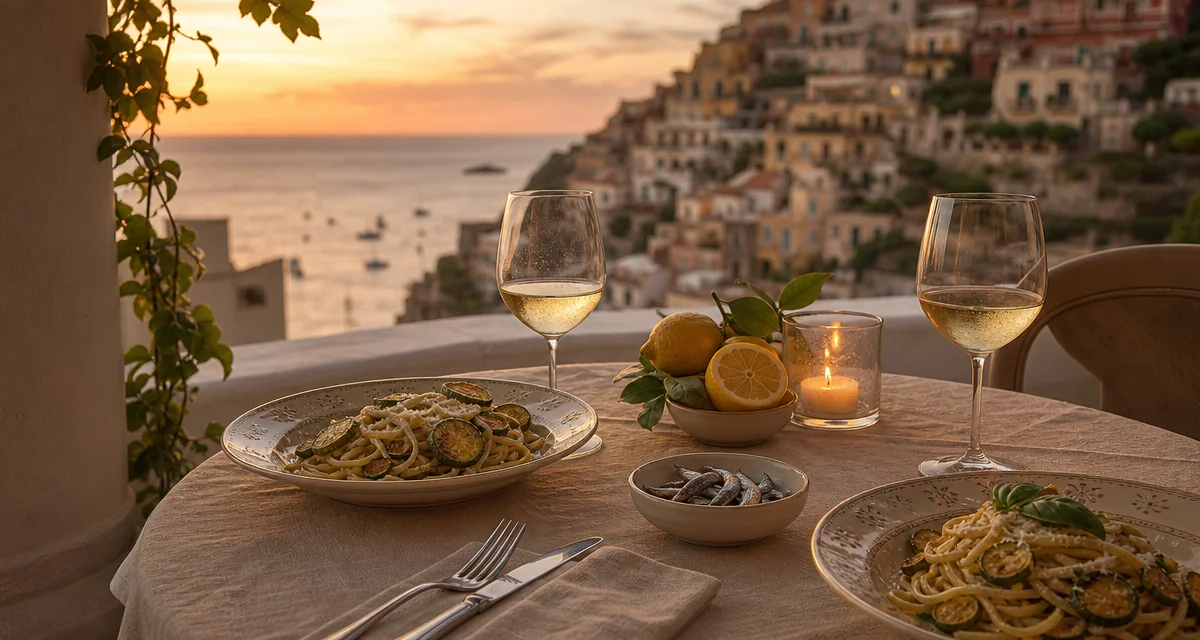 Positano villa terrace dinner at golden hour with spaghetti alla Nerano and sea view over the Amalfi Coast