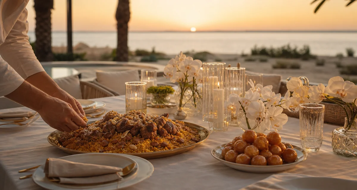 Saadiyat Island villa terrace birthday table with machboos and luqaimat at sunset, Abu Dhabi private chef