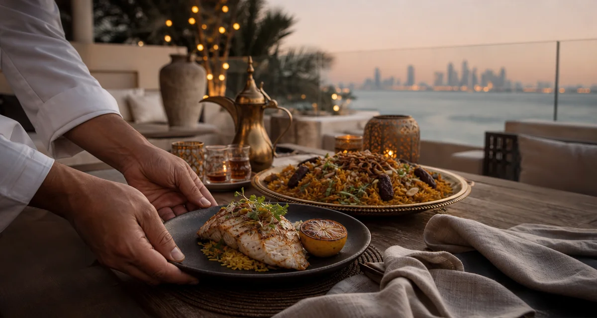 Saadiyat Island villa terrace at dusk with grilled hammour, saffron rice and Emirati majlis spread