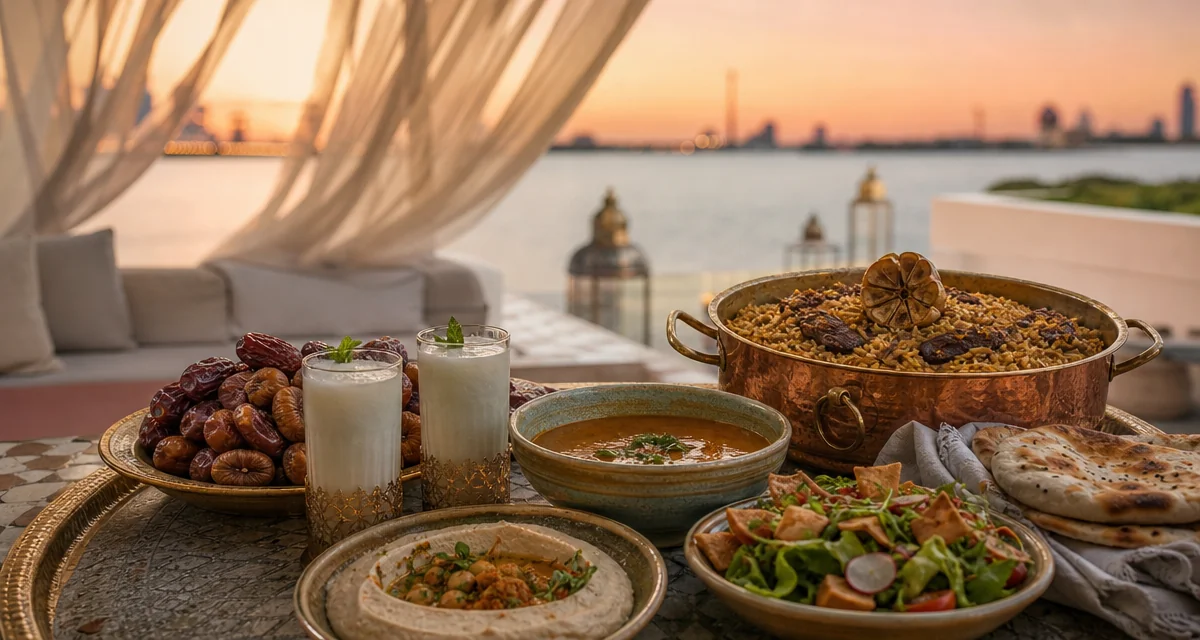 Abu Dhabi villa iftar table at golden hour with dates, laban and Emirati mezze for Ramadan