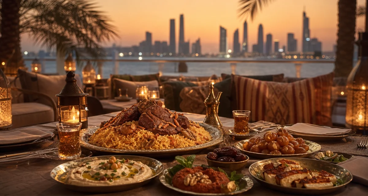 Abu Dhabi villa terrace dinner at dusk with saffron machboos, Levantine mezze and skyline view