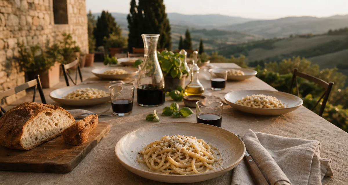 Private chef serving freshly made pici pasta at a stone terrace table in a Tuscan villa at golden hour