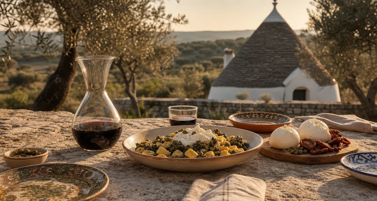 Stone trullo terrace in Alberobello with orecchiette, burrata and Primitivo di Manduria at golden hour