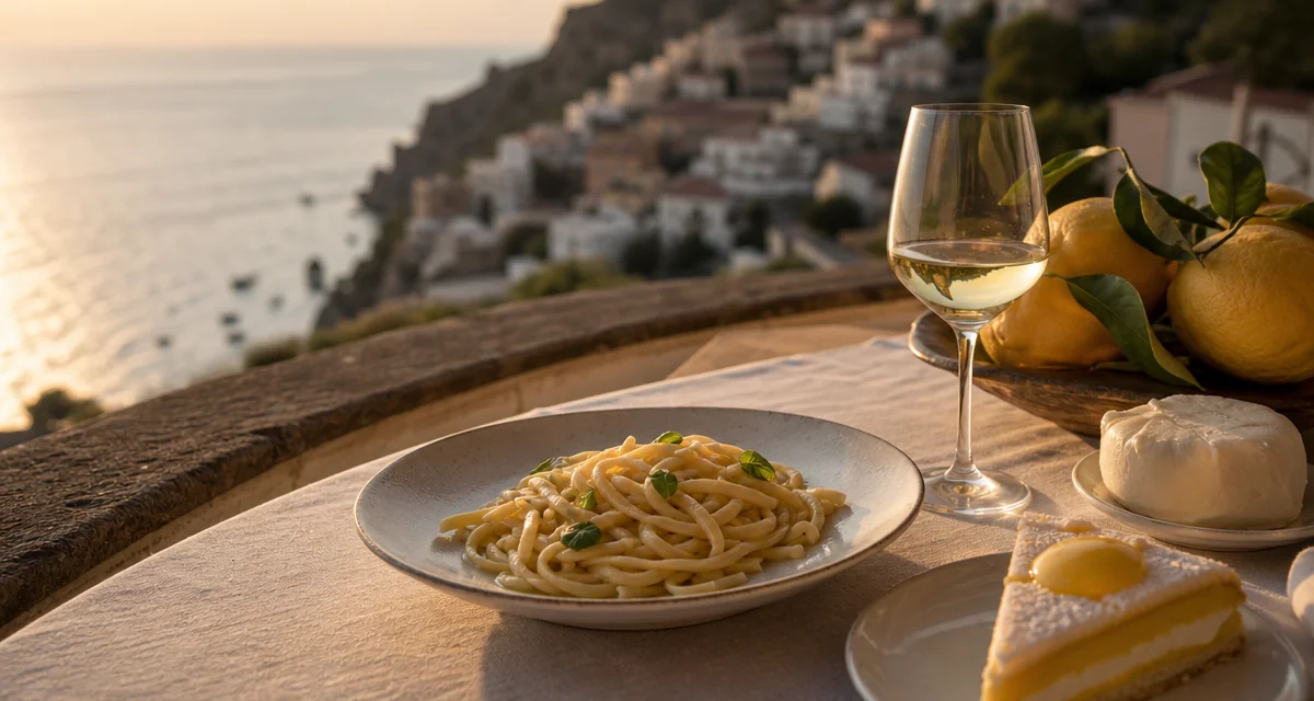 Amalfi Coast terrace table at sunset with scialatielli, Cetara anchovy sauce and Falanghina wine