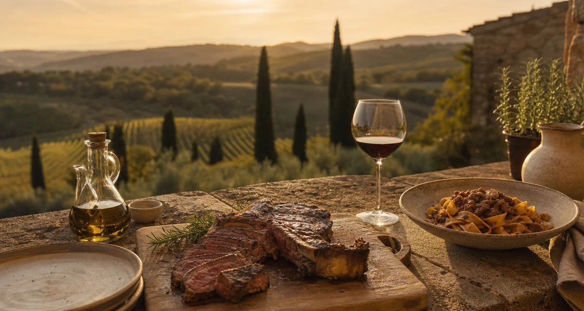 Chianti villa terrace at sunset with bistecca alla fiorentina, pappardelle and Chianti Classico wine