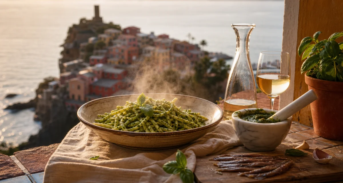 Trofie al pesto and Cinque Terre white wine on a terrace overlooking Vernazza village at golden hour