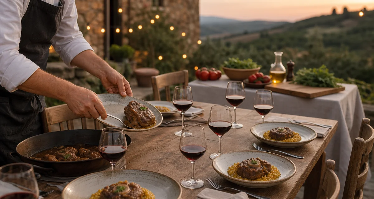 Private chef plating dinner at a Tuscan villa terrace table set for six at golden hour