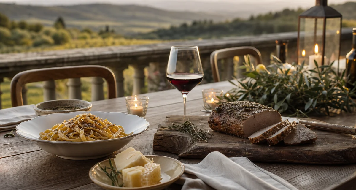 Multi-course Tuscan villa dinner party table at golden hour with pasta, wine and candlelight