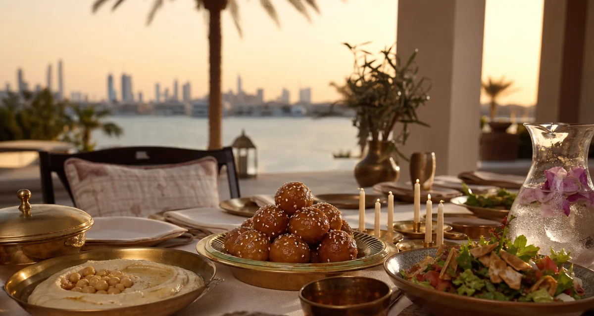 Palm Jumeirah villa terrace birthday table at golden hour with luqaimat, mezze and Dubai skyline