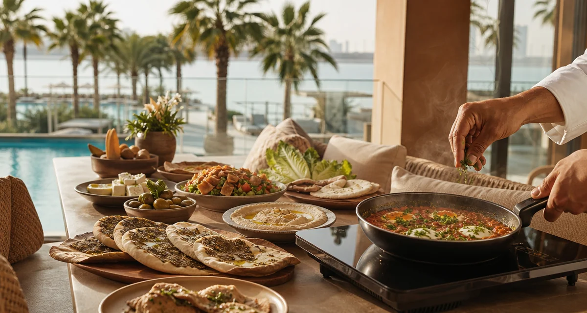 Sunlit Palm Jumeirah villa terrace brunch with shakshuka live station and mezze sharing spread