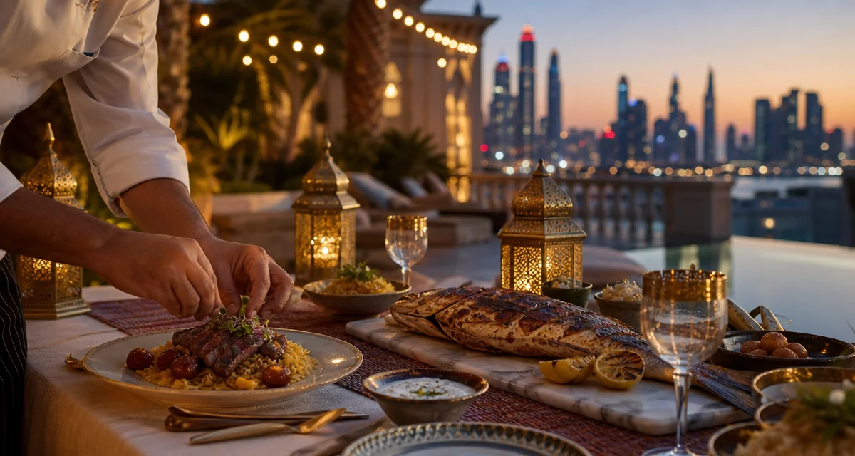 Palm Jumeirah villa terrace dinner table at dusk with Dubai Marina skyline and chef plating wagyu