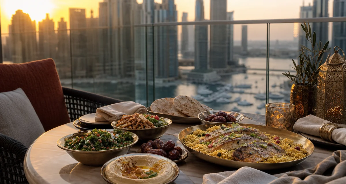 Levantine mezze and spiced rice dinner on a Dubai Marina penthouse terrace at sunset with skyline view