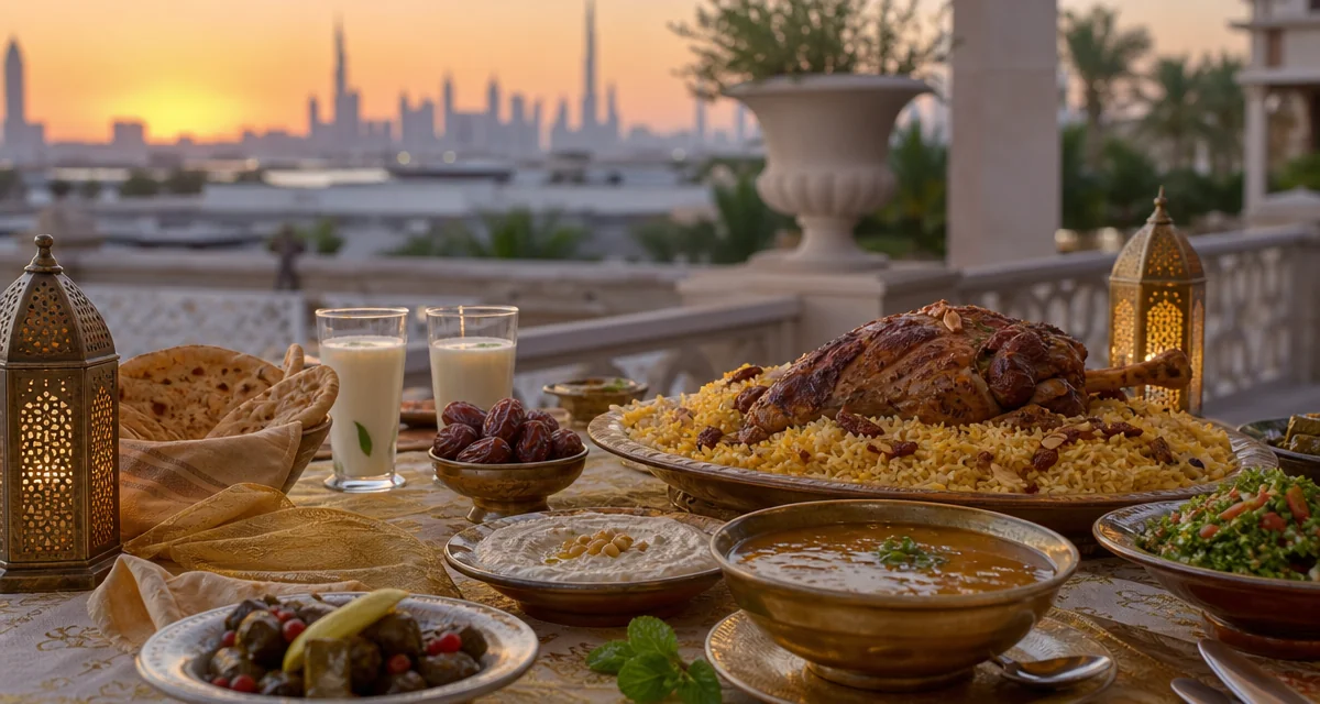 Dubai villa iftar table at dusk with dates, laban, harira soup and Emirati mezze spread