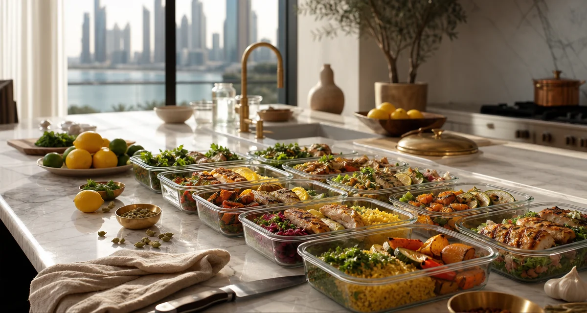 Weekly meal-prep containers with Mediterranean-Emirati dishes on a sunlit Dubai kitchen counter