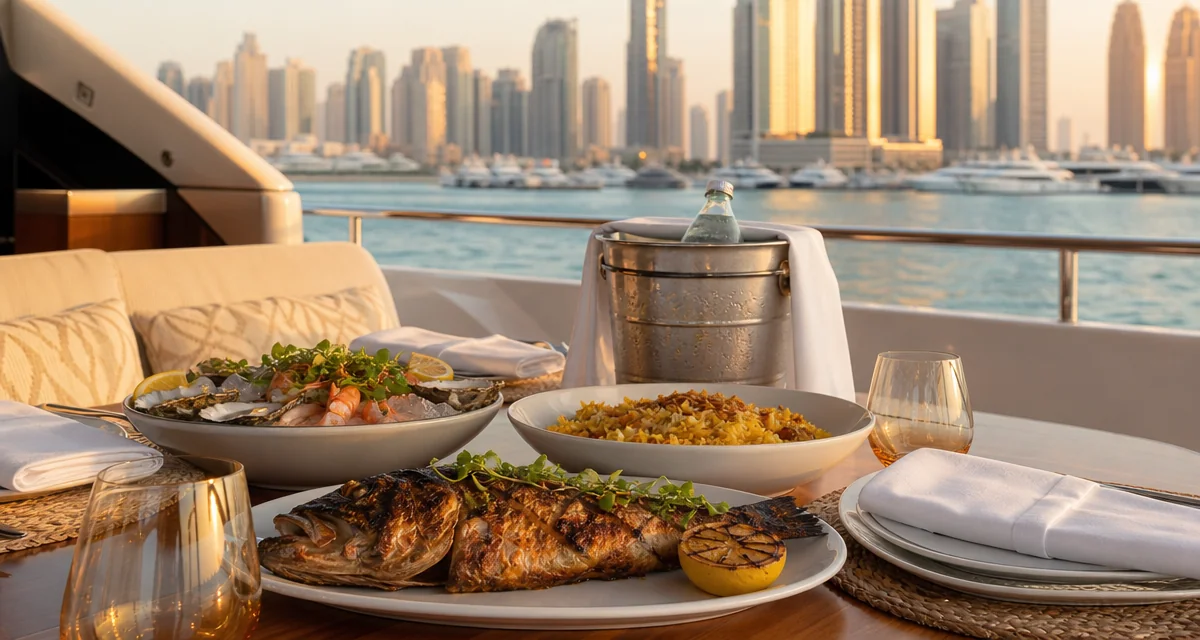 Grilled hammour and machboos plated on a yacht deck table at sunset off Dubai Marina