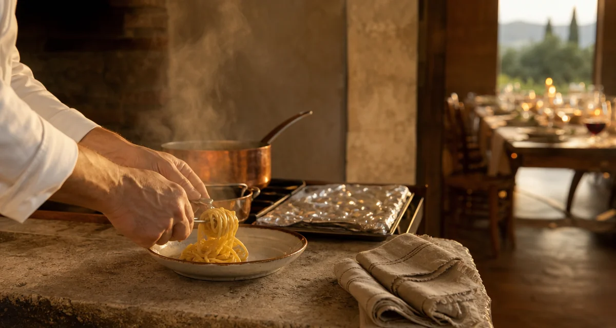 Chefs mise en place on a Tuscan farmhouse kitchen counter as host steps back toward the terrace at dusk