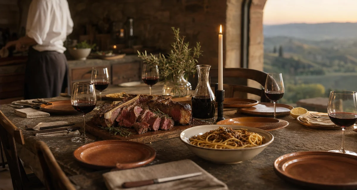 Candlelit villa dinner table in Tuscany with bistecca alla Fiorentina, Brunello di Montalcino and hand-rolled pici — private 