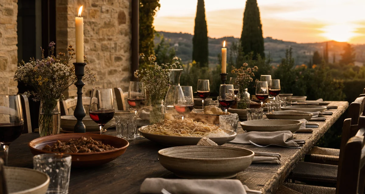 Long Tuscan villa terrace table set for ten at dusk with pici, Chianti Classico and candlelight