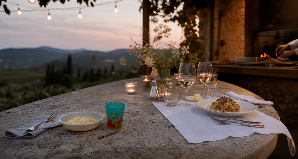 Chianti villa table at dusk with a simple children's pasta plate and an elegant adult place setting