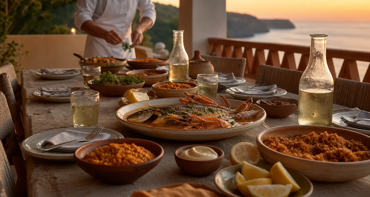 Luxury Ibiza villa terrace table at sunset with bullit de peix seafood and private chef plating