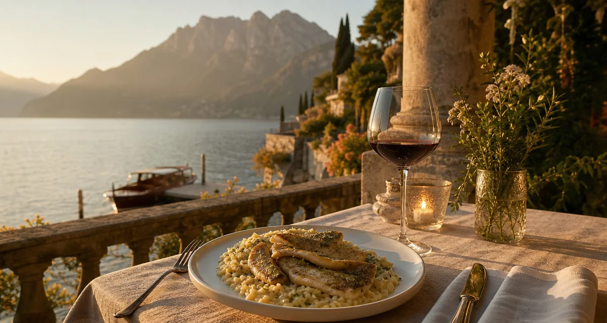 Lake Como villa terrace at sunset with risotto al pesce persico and Valtellina Nebbiolo wine
