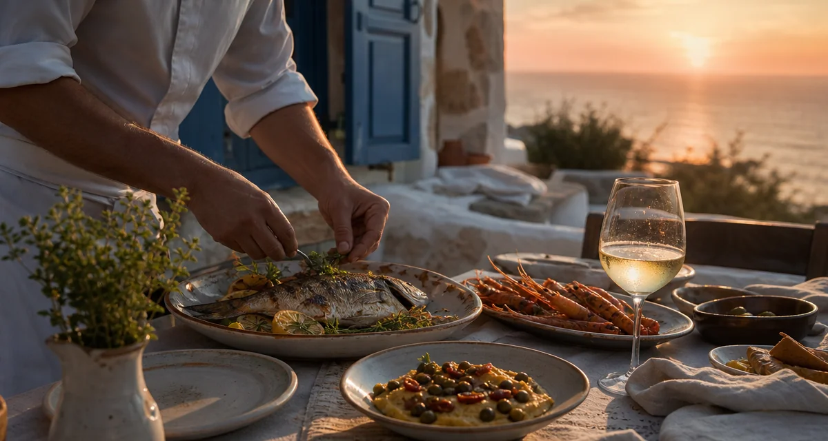Villa terrace dinner in Mykonos at sunset with grilled sea bream, Aegean seafood and Assyrtiko wine