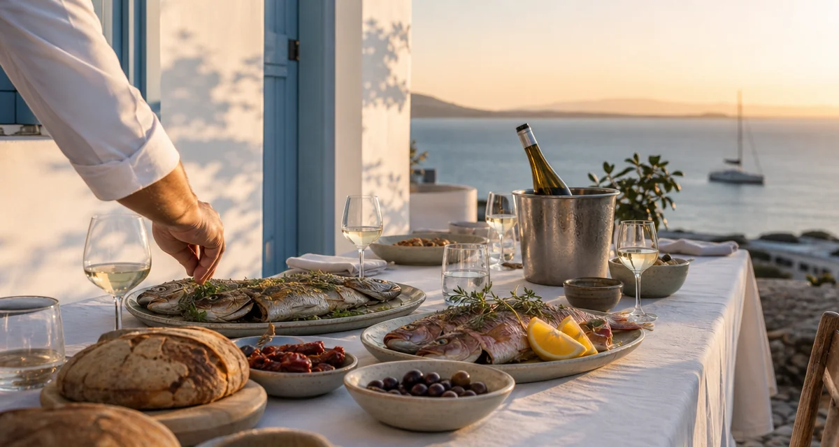 Mykonos villa wedding table at sunset with grilled sea bream, Assyrtiko wine and Aegean sea view