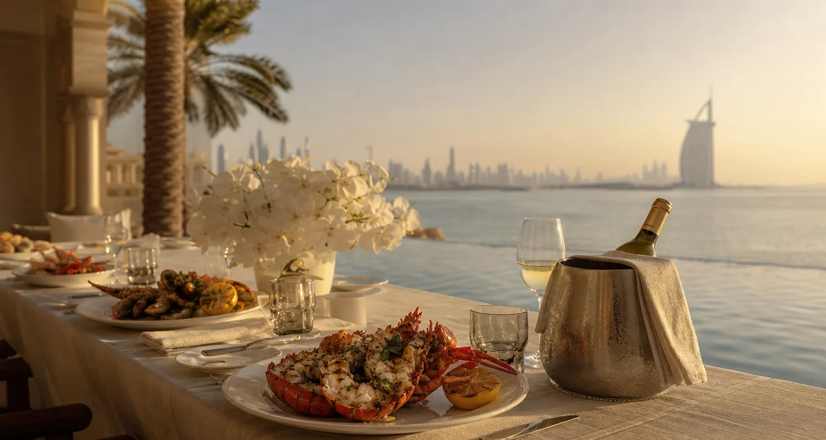Palm Jumeirah villa terrace dinner table with grilled Gulf seafood and Dubai skyline at sunset