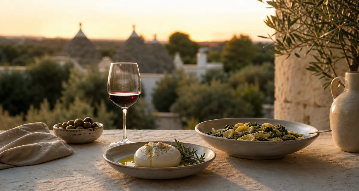 Puglia masseria table at dusk with burrata, orecchiette and Primitivo di Manduria wine
