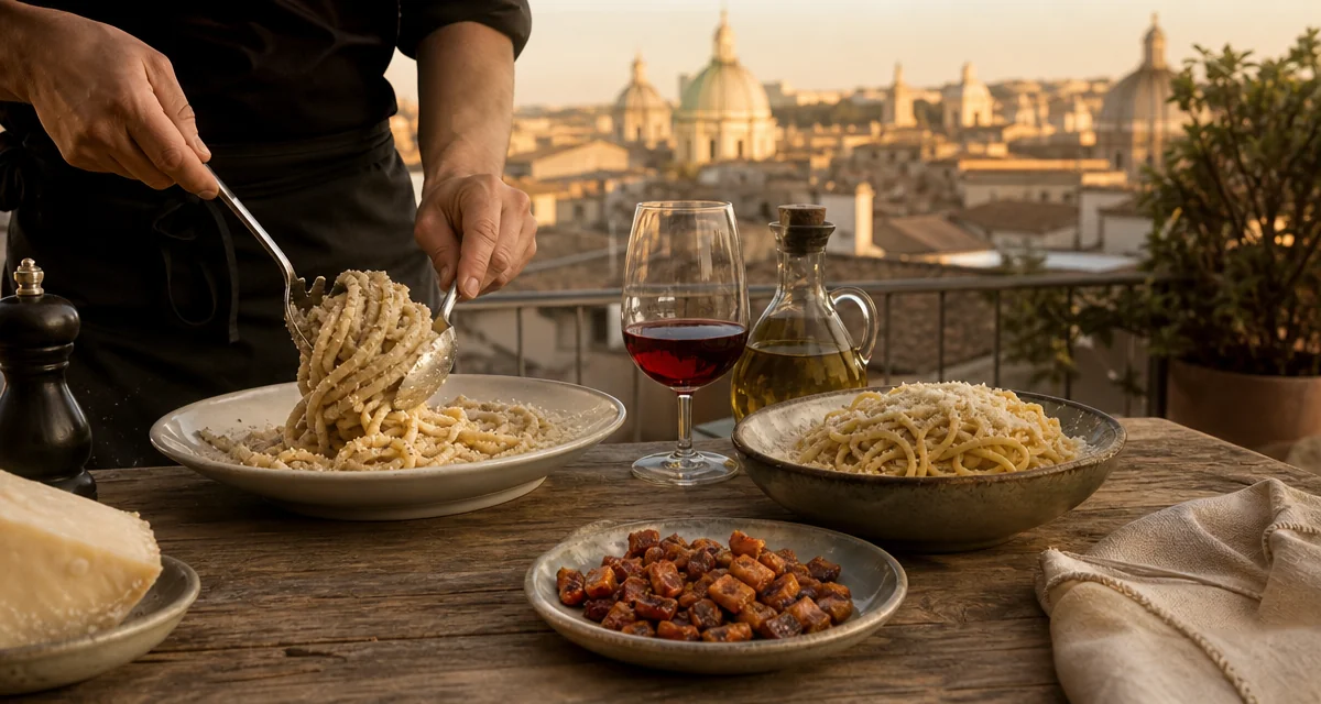 Rooftop table in Rome at sunset with cacio e pepe, tonnarelli and Cesanese wine over historic domes