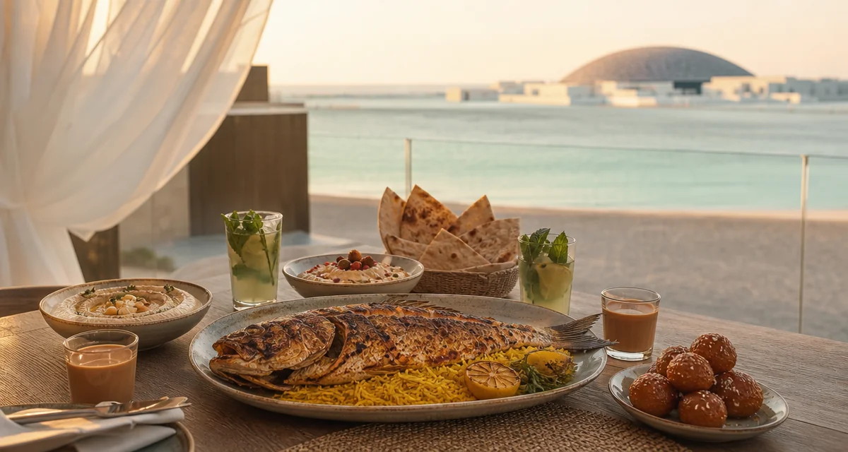 Beachfront villa terrace on Saadiyat Island at sunset with grilled hammour, mezze and Gulf view