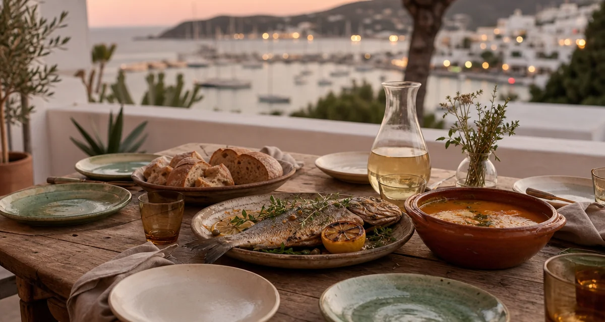 Terrace dining table at a Santa Eulalia Ibiza villa at dusk with grilled sea bass and Balearic white wine