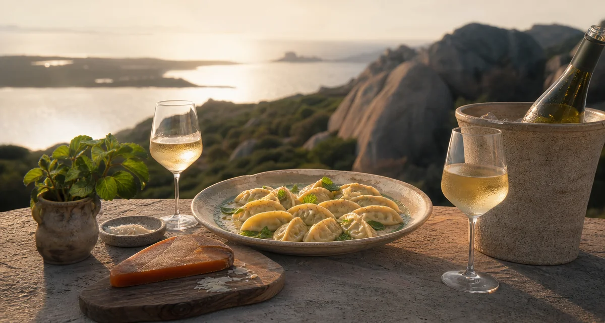 Granite terrace table above Porto Cervo at sunset with culurgiones pasta and chilled Vermentino wine
