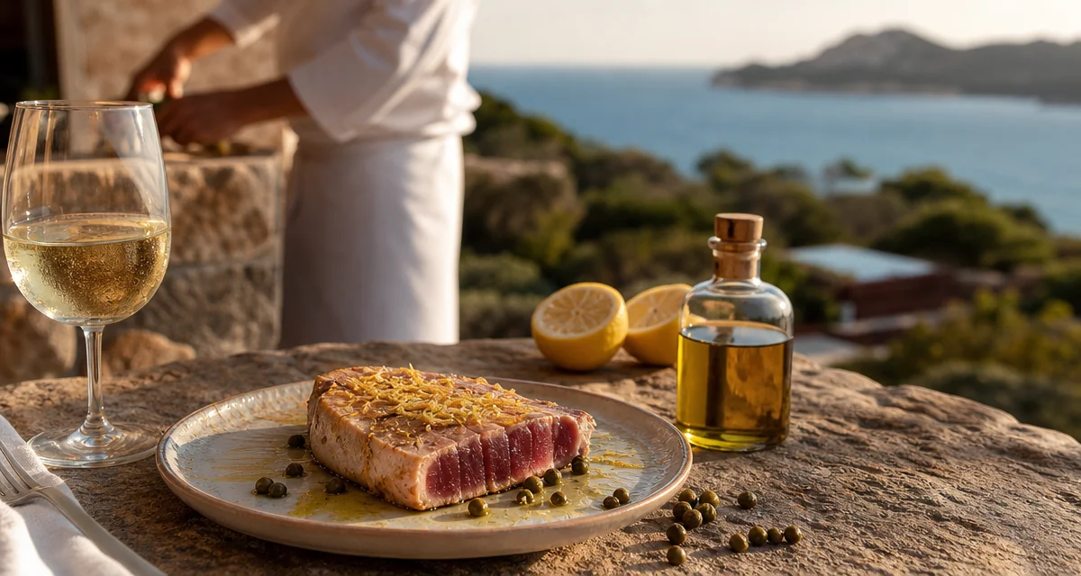 Granite terrace table at a Costa Smeralda villa with seared tuna, bottarga and Vermentino at golden hour