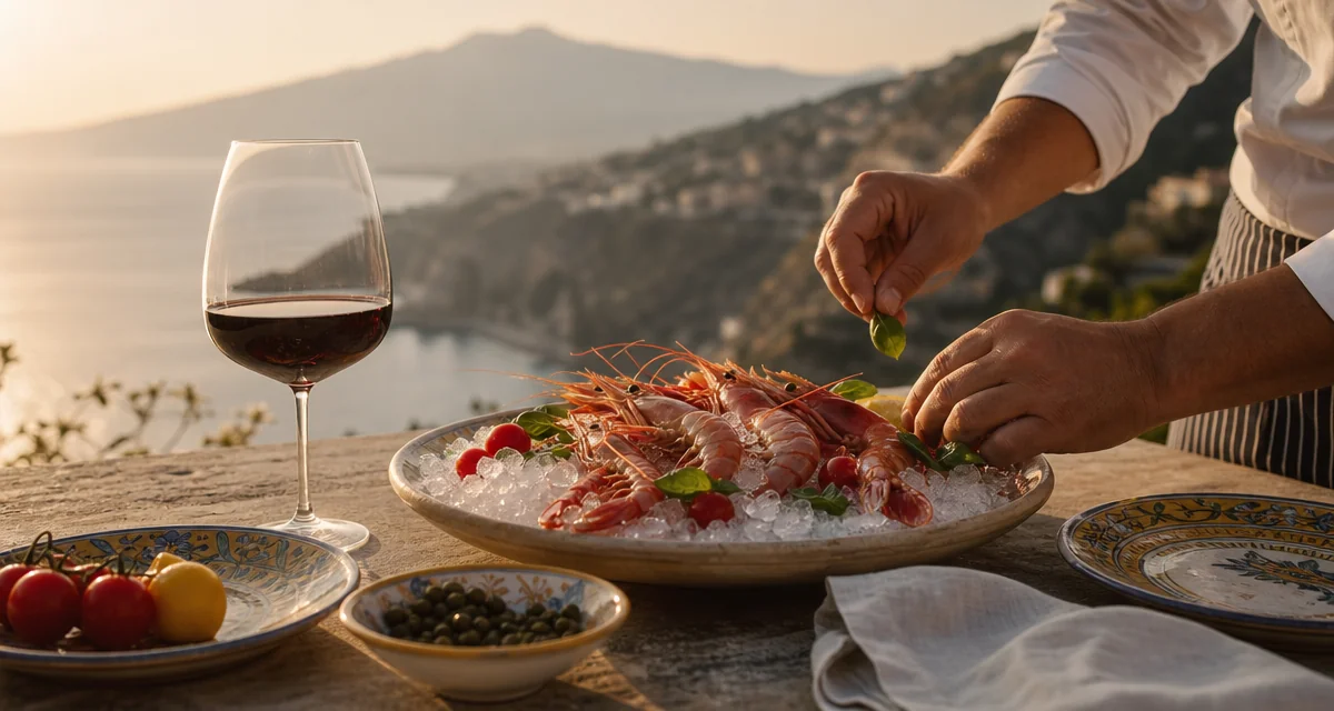 Sicilian villa terrace at sunset with red prawn crudo, Pachino tomatoes and a glass of Etna Rosso wine