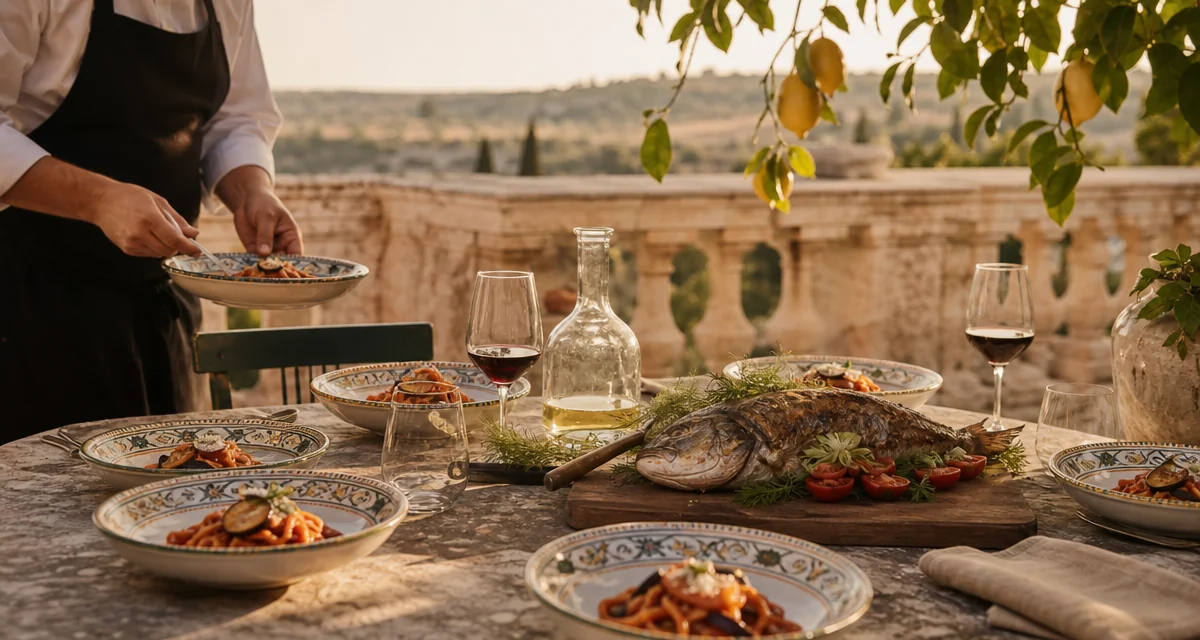 Long stone terrace table at a Sicilian villa at sunset with pasta alla Norma, sea bream and Nero d'Avola