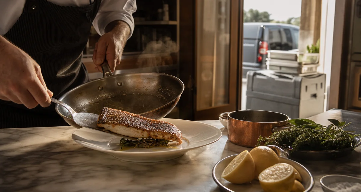Chef plating a fresh-seared dish in a home kitchen with catering trays blurred in the background