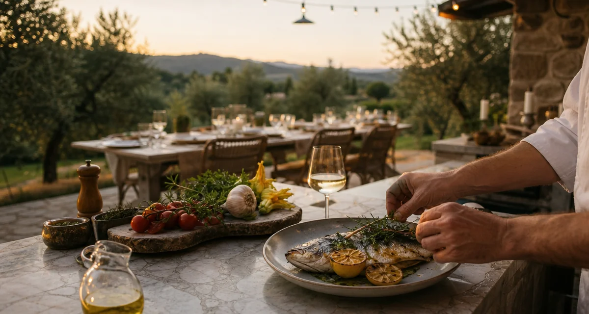 Private chef plating branzino at a Tuscan villa terrace kitchen counter with a candlelit dinner table at dusk