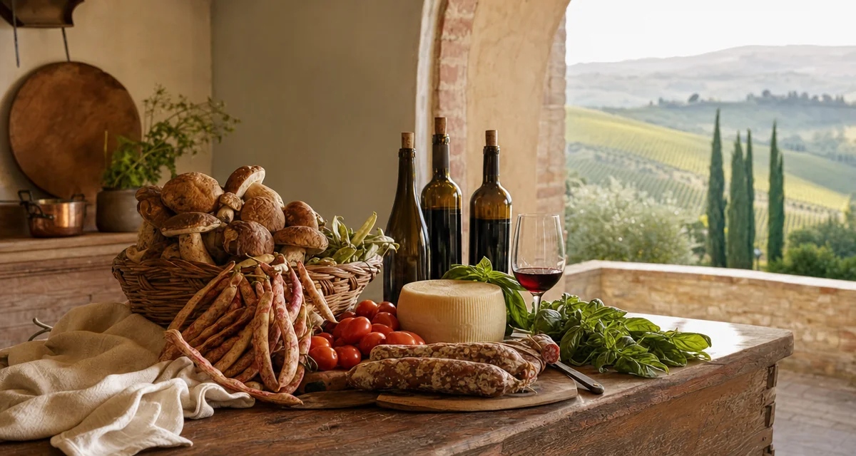 Tuscan farmhouse table with market produce, pecorino and wine overlooking vineyard hills