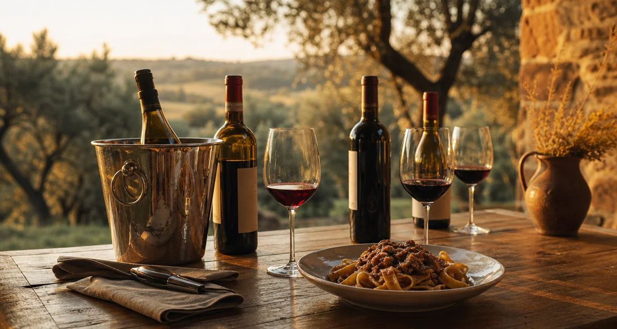 Tuscan terrace table at golden hour with Chianti Classico bottles, wine glasses and pappardelle al cinghiale