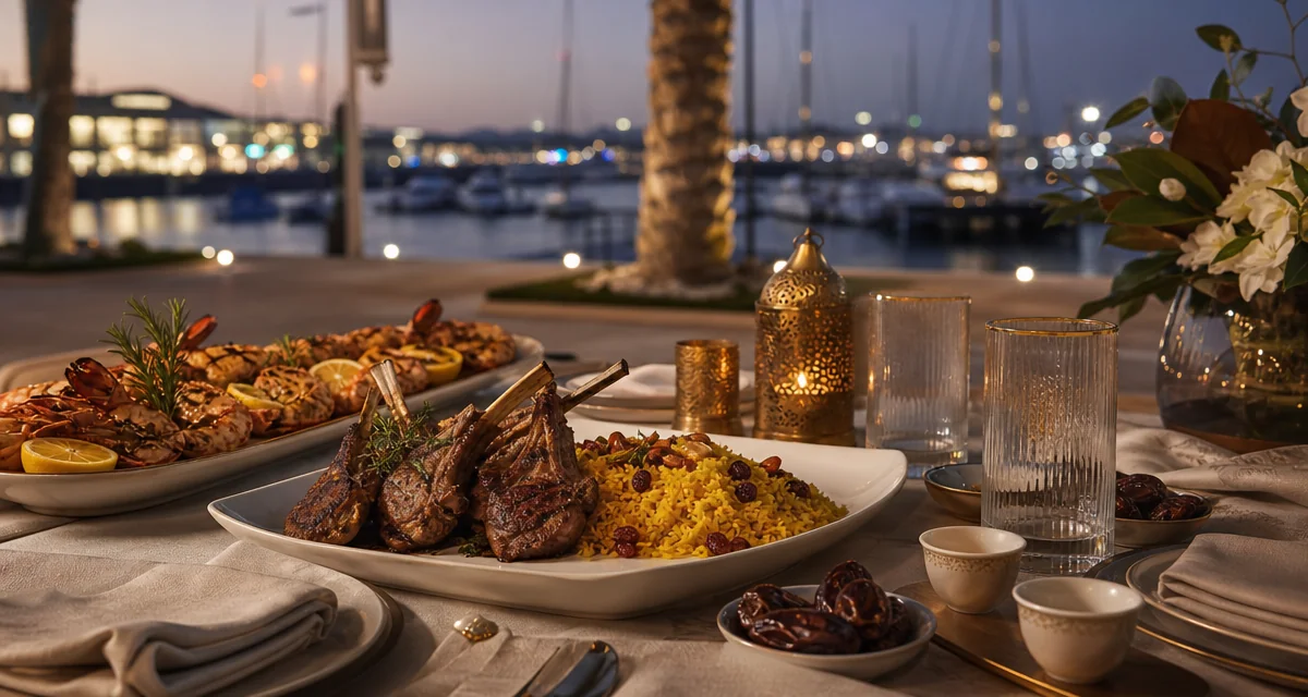 Private chef dinner table on a Yas Island villa terrace at dusk overlooking Yas Marina