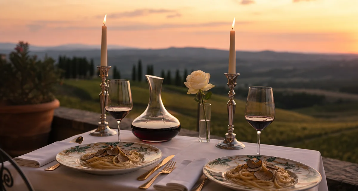 Candlelit terrace table for two at a Tuscan villa at dusk with pici al tartufo and Brunello decanter