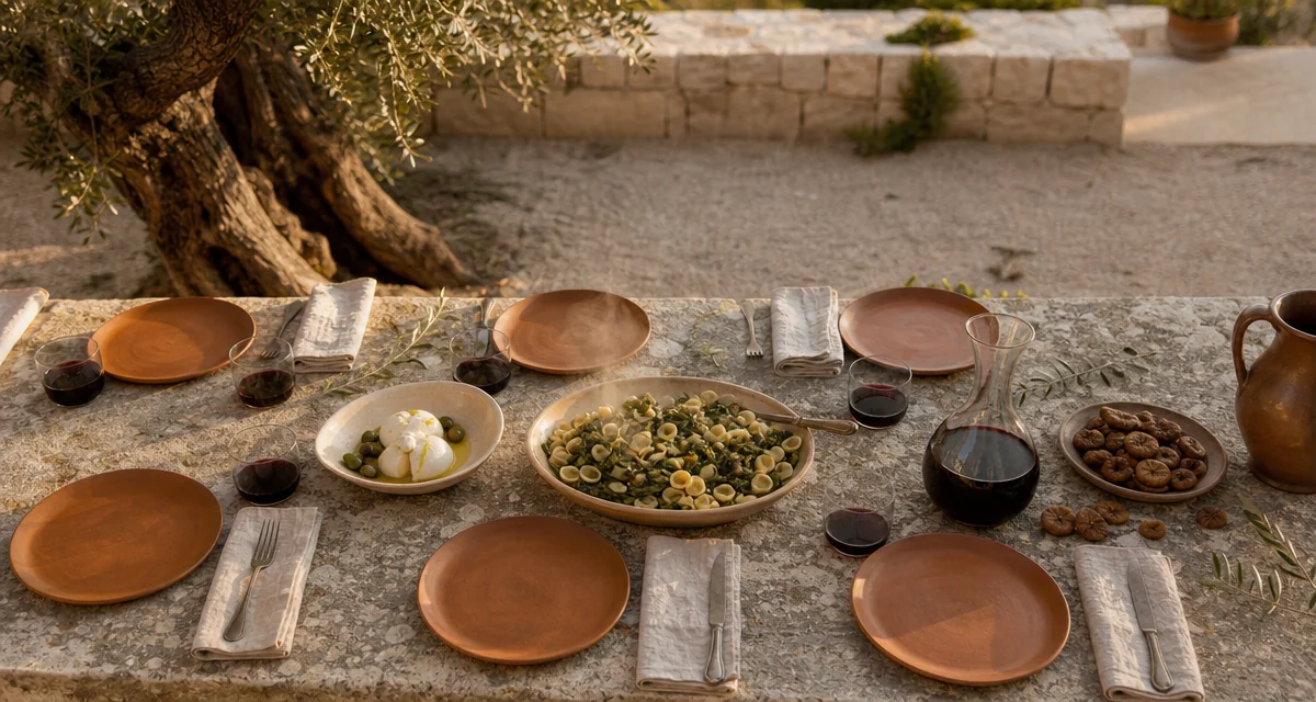 Apulian masseria stone table at golden hour with orecchiette, burrata and Primitivo wine